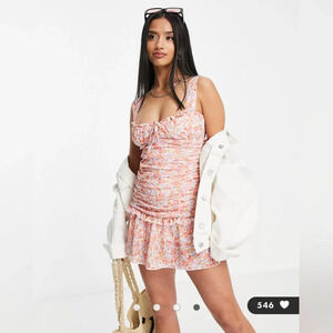 Y2K ASOS DESIGN Petite mini ruched dress lilac&orange floral Sz 0 cottagecore